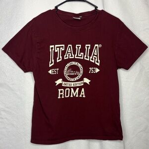 Italy Rome Graphic Tee Italia Roma Burgundy Travel Shirt Size L 100% Cotton
